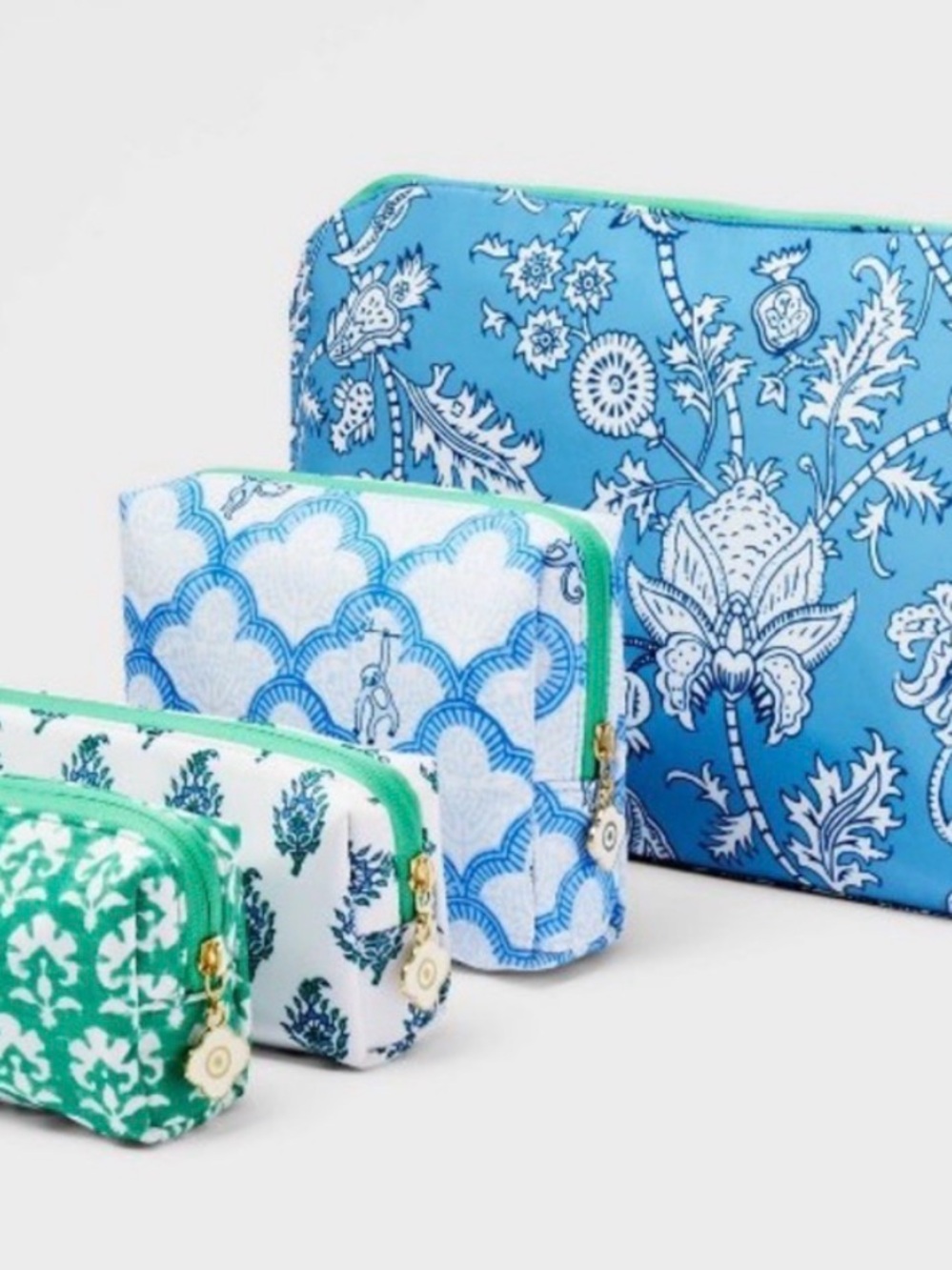 Roller Rabbit Blue and Green Floral Zip Pouch Set